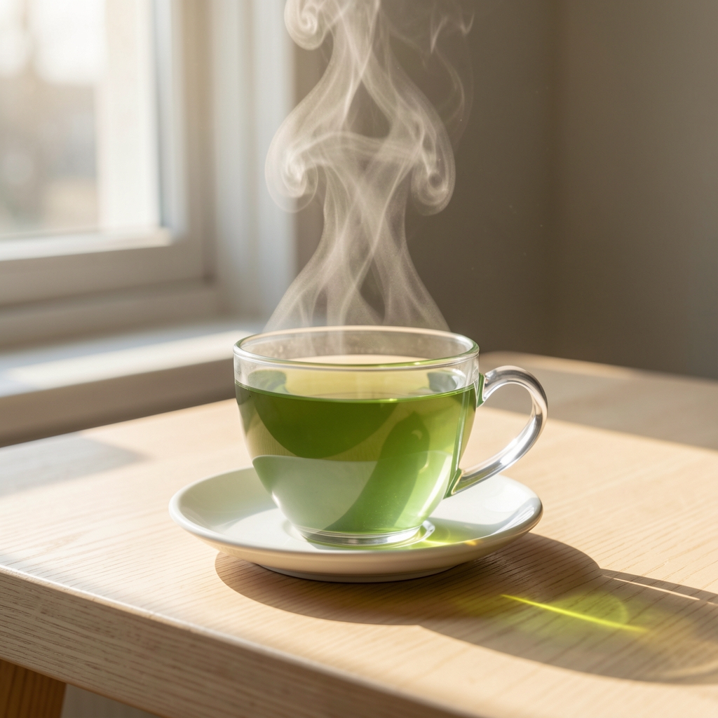 Tasse de thé vert fumante posée sur une table en bois clair, rayon de soleil matinal traversant la fenêtre