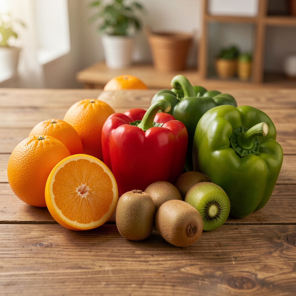 Assortiment de fruits et légumes frais riches en vitamines : agrumes, kiwi, poivrons rouges et verts disposés sur une table en bois